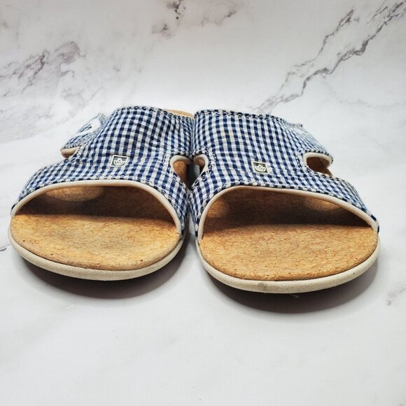 Spenco Kholo Blue Gingham Print Cork Orthotic Slide Sandals Women's 8 - Picture 2 of 7